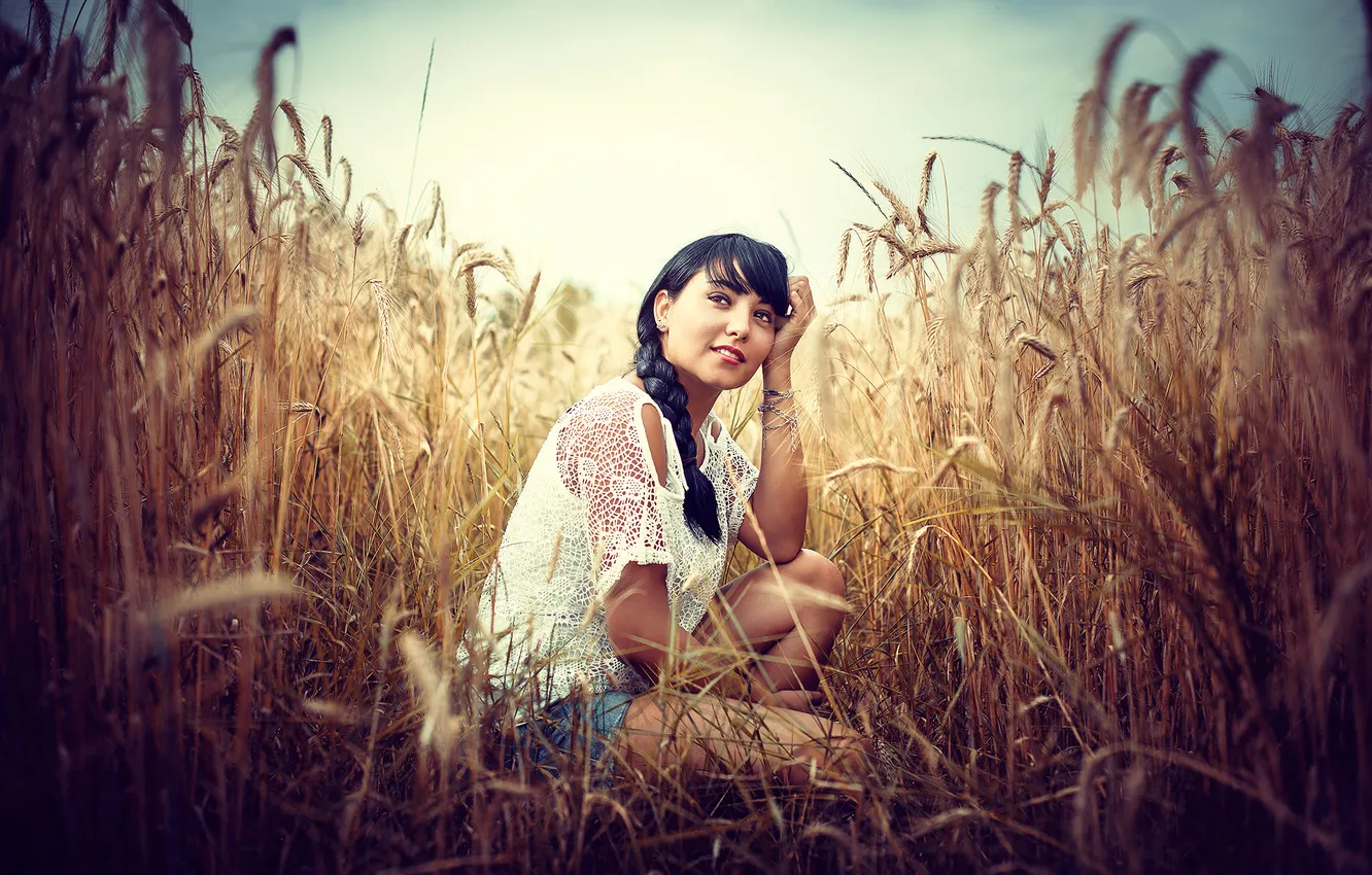 Фото обои пшеница, поле, небо, девушка, колоски, коса