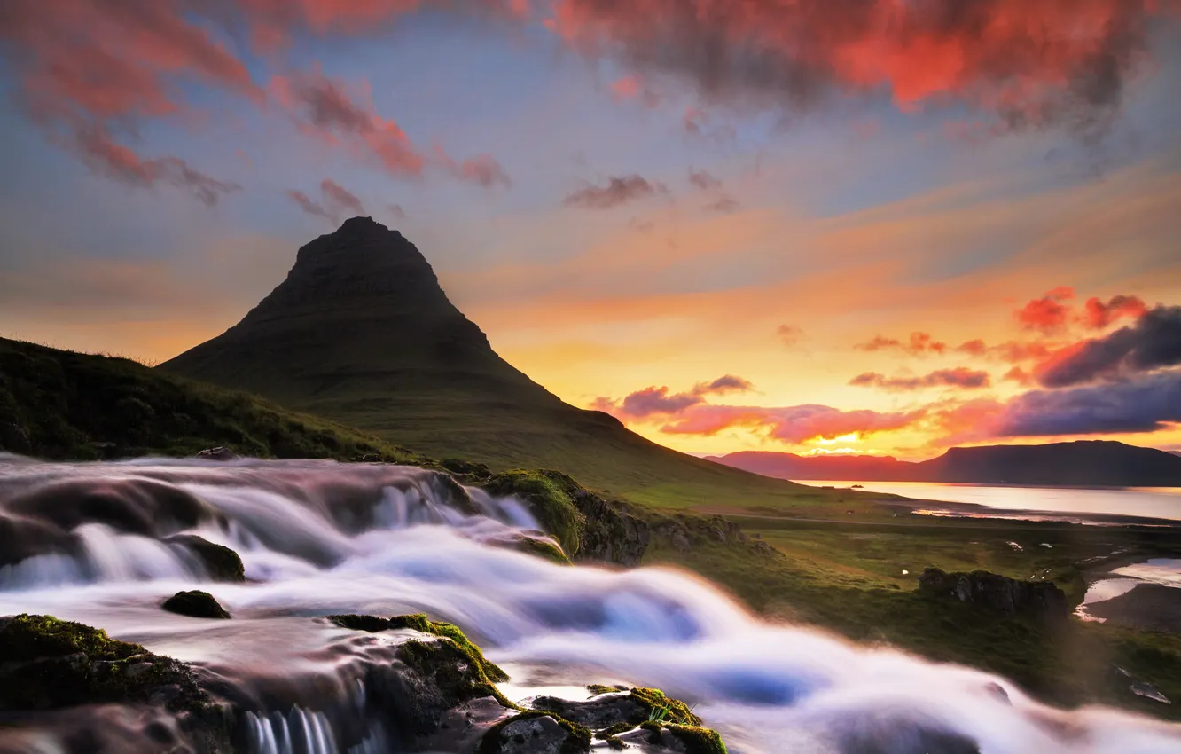 Фото обои облака, река, рассвет, гора, водопад, утро, Исландия, Iceland