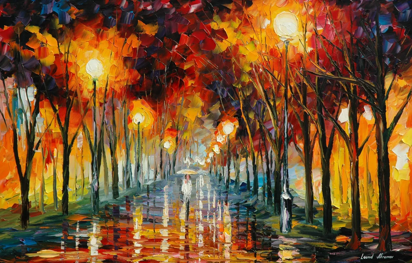 Фото обои дорога, отражение, зонтик, дождь, человек, фонари, живопись, Leonid Afremov