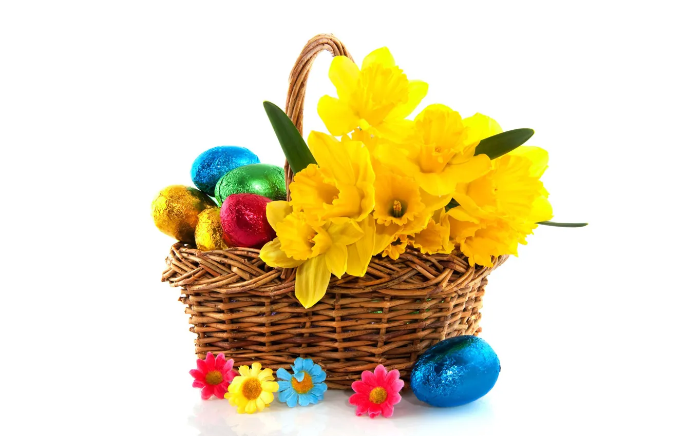 Фото обои цветы, яйца, Пасха, корзинка, воскресение
