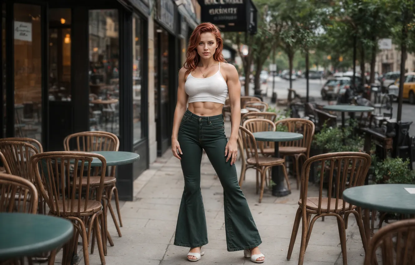 Фото обои street, women, jeans, redhead, top, wavy hair, AI art, Stable Diffusion