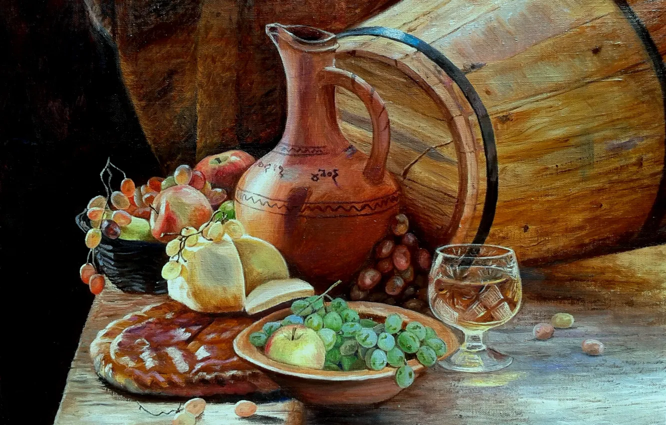 Фото обои вино, рисунок, бокал, еда, картина, кувшин, фрукты, живопись