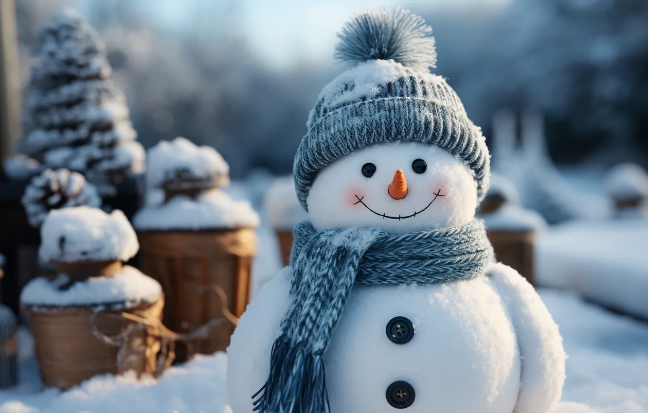 Фото обои зима, снег, Новый Год, Рождество, снеговик, happy, Christmas, winter