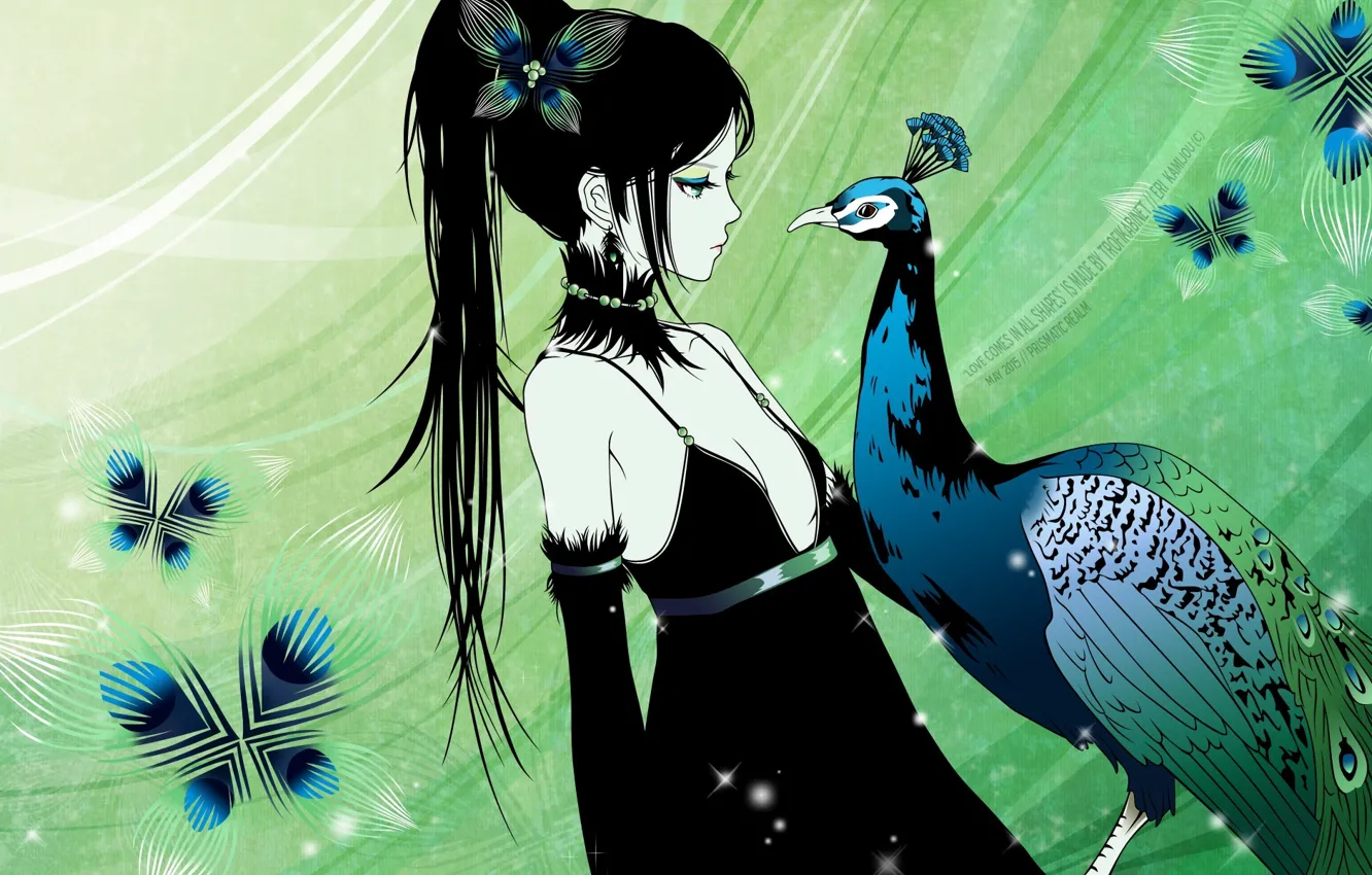 Фото обои перья, девочка, павлин, черное платье, длинные волосы, art, Eri Kamijou