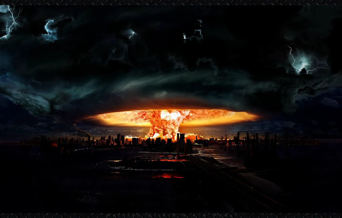 Фото обои взрыв, апокалипсис, рисунок, гриб, арт, ядерный, город. пламя