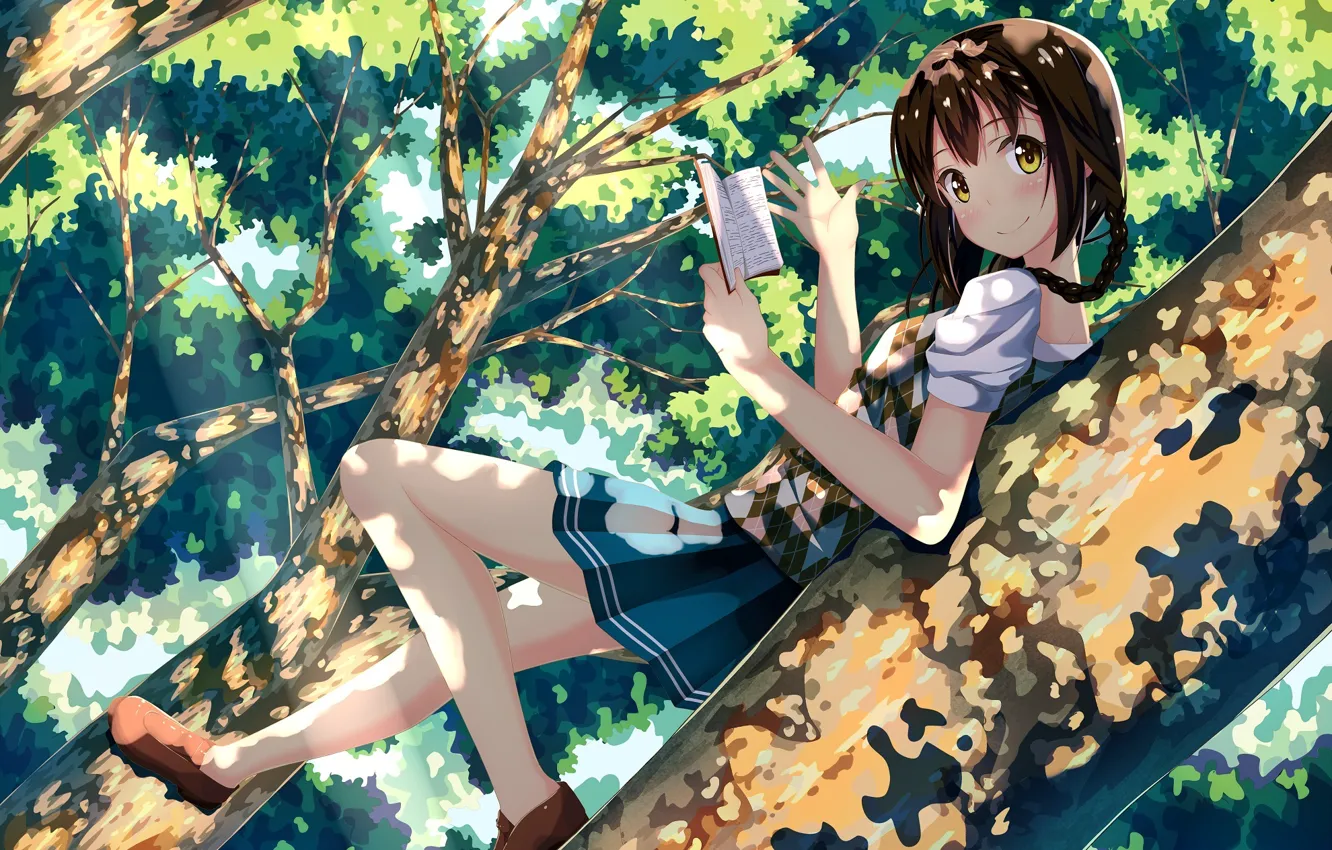 Фото обои девушка, солнце, деревья, улыбка, ветви, листва, аниме, арт