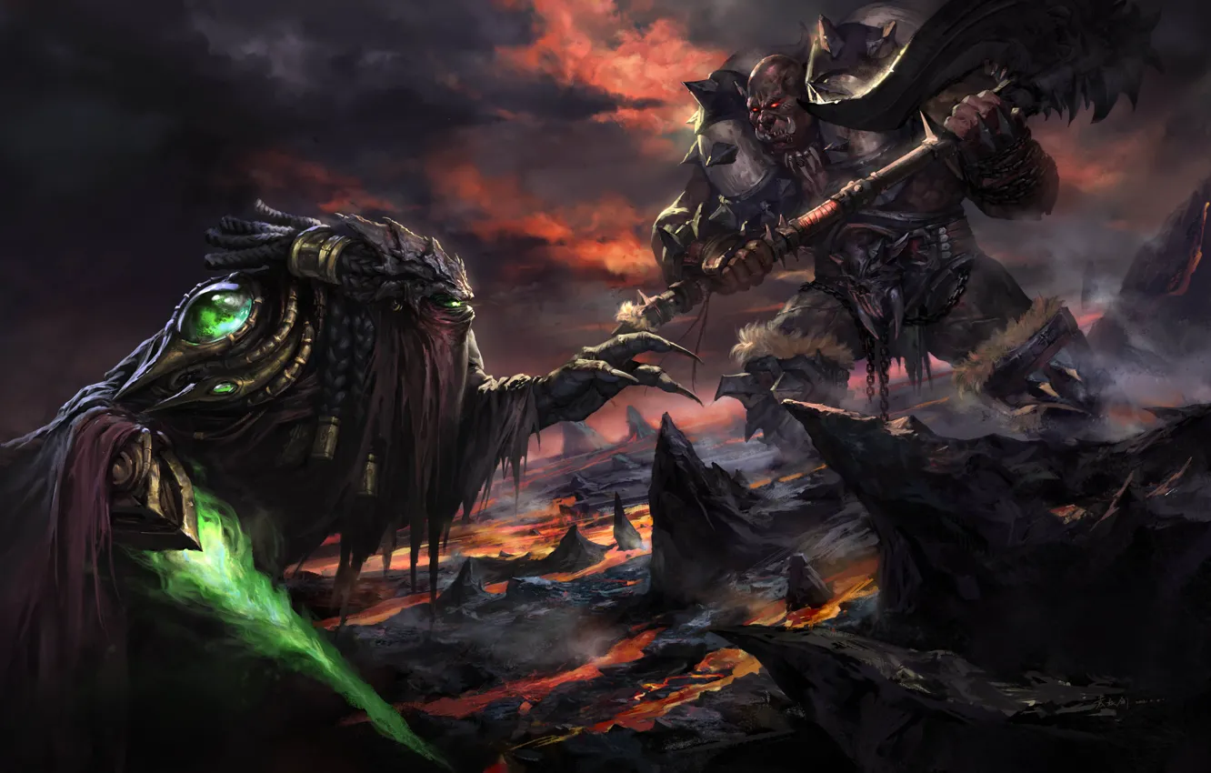 Фото обои оружие, скалы, меч, арт, монстры, лава, битва, Blizzard