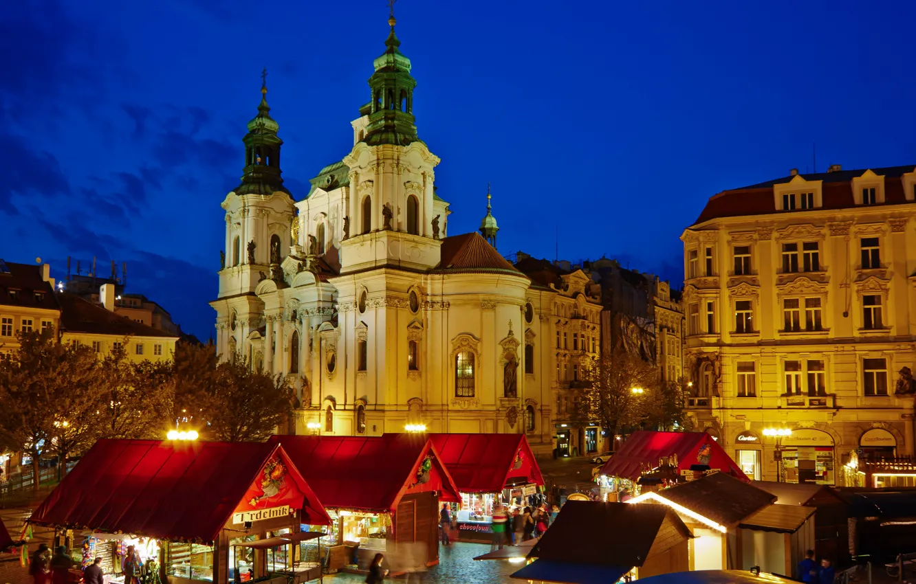 Фото обои город, здания, дома, вечер, Прага, Чехия, освещение, церковь