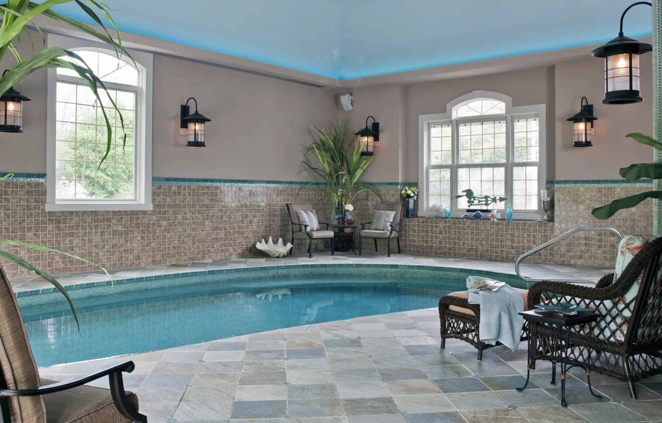 Фото обои комната, интерьер, бассейн, house, зона отдыха, cool indoor pool, small pool with blue water