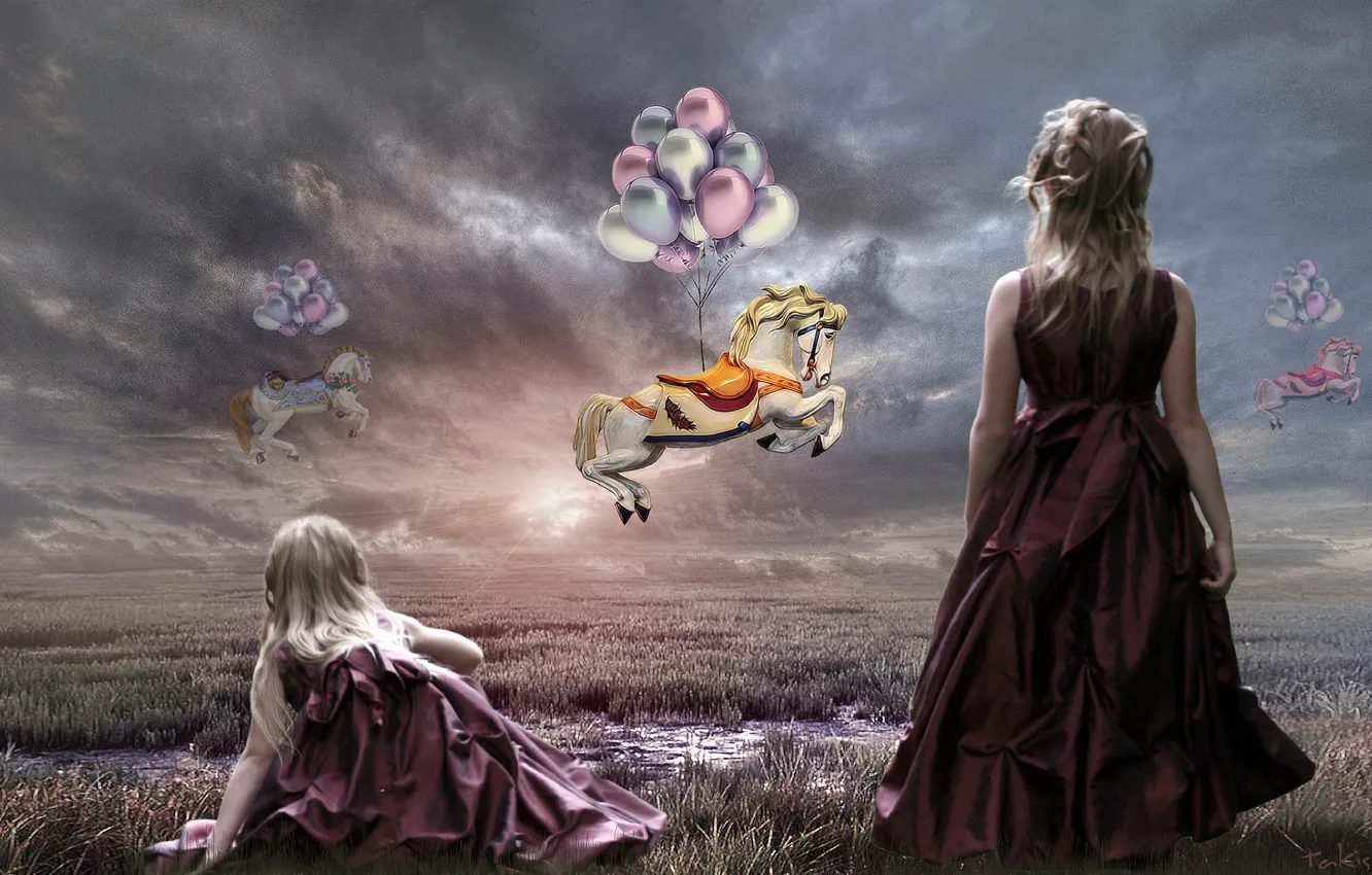 Фото обои небо, шарики, кони, арт, девочка, Takis Poseidon