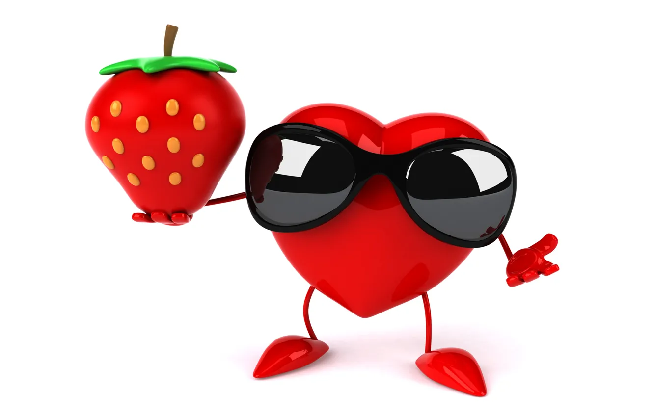 Фото обои сердце, клубника, heart, strawberry, funny, rendering, sunglasses, 3D Art