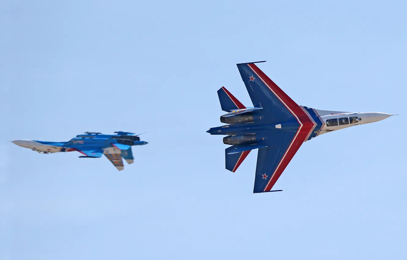 Фото обои Небо, Самолет, Су-27, Русские витязи, Пилотажная группа, Владислав Перминов, Выступление