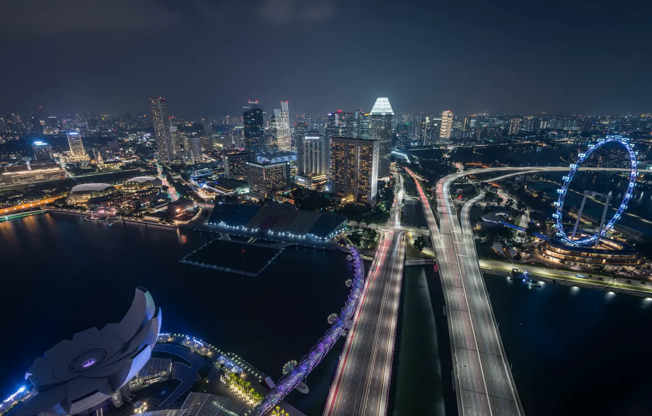 Фото обои Singapore, Marina Bay, Night panorama, Big City Feeling