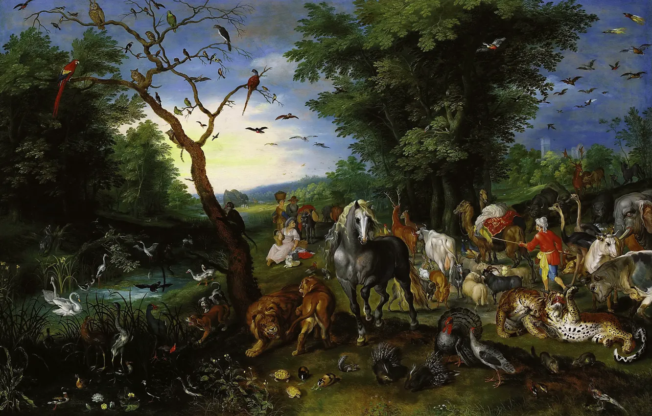 Фото обои картина, мифология, Ян Брейгель младший, Сгон Животных в Ноев Ковчег