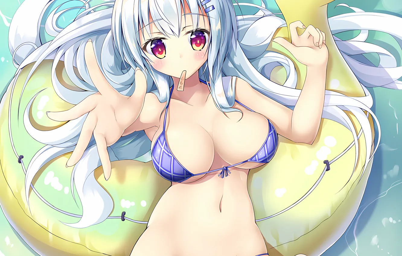 Фото обои girl, sexy, cleavage, long hair, sea, boobs, anime, water