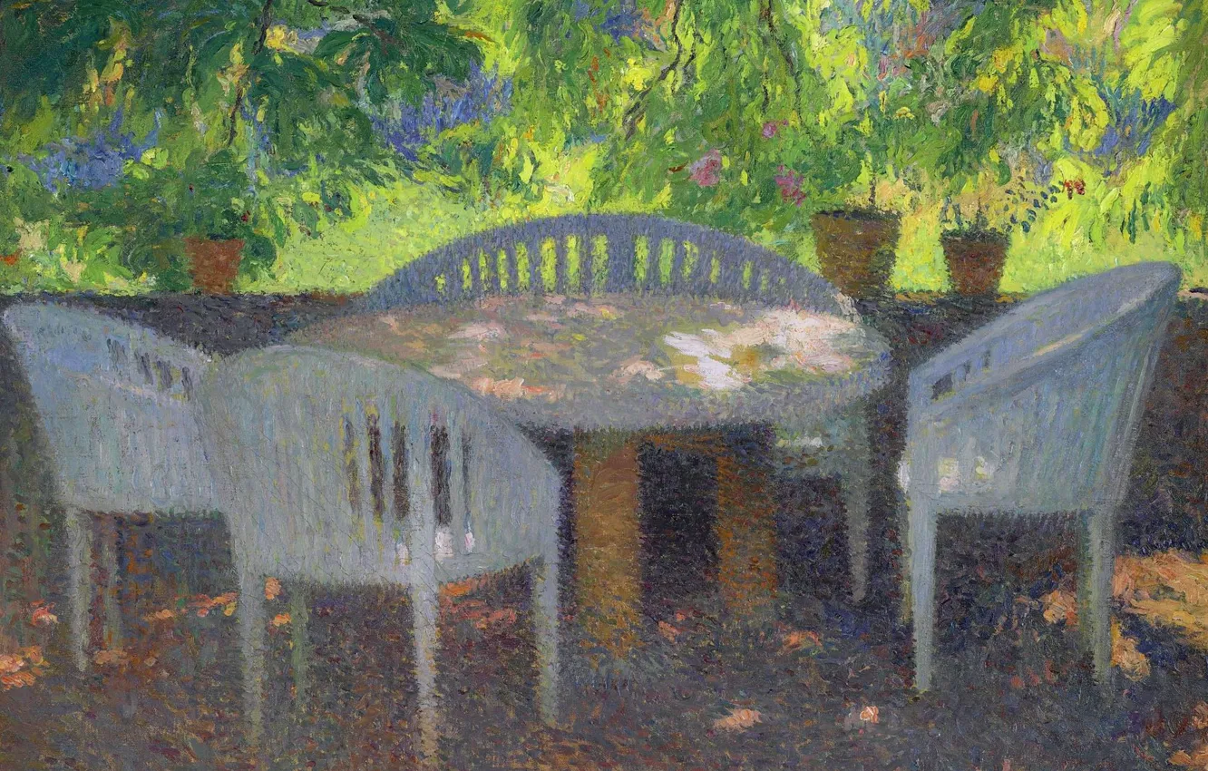 Фото обои стол, картина, сад, Анри-Жан Гильом Мартин, Henri Matrin, Sous le Grand Marquayrol