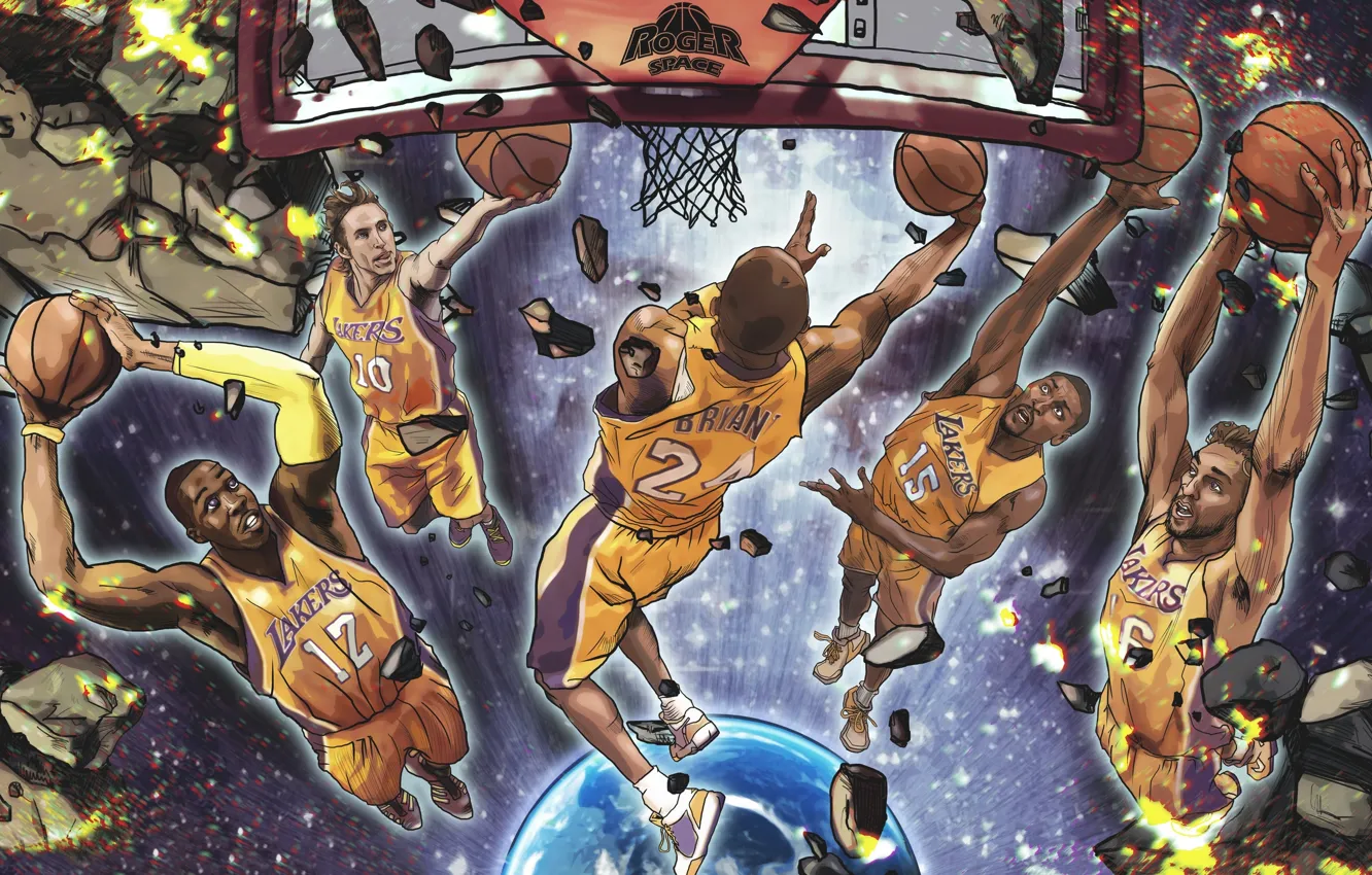 Фото обои Рисунок, Мяч, Команда, Камни, Земля, Баскетбол, Кольцо, Lakers