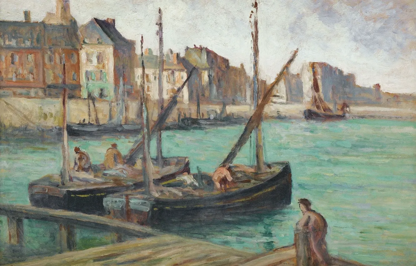 Фото обои картина, морской пейзаж, 1891, Максимильен Люс, Maximilien Luce, Парусные Лодки у Причала