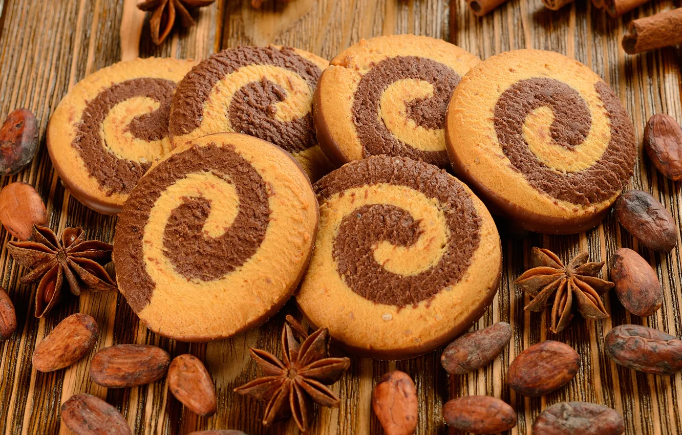 Фото обои зерна, спираль, печенье, корица, бадьян, анис, какао бобы