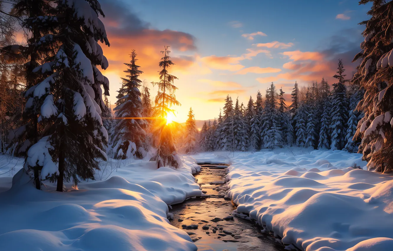Фото обои зима, лес, солнце, облака, снег, деревья, закат, природа
