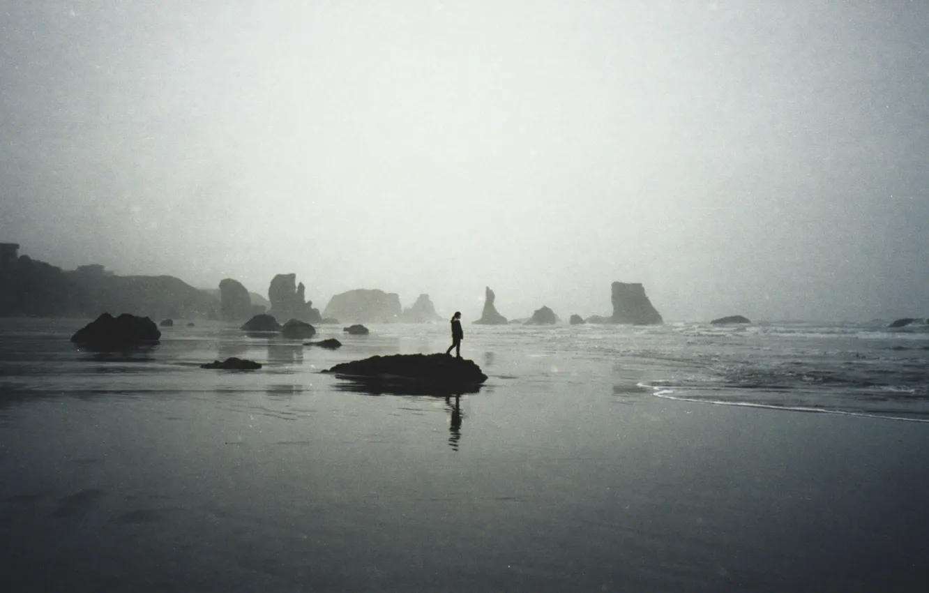 Фото обои waves, girl, beach, sea, rocks, fog, seaside, mist