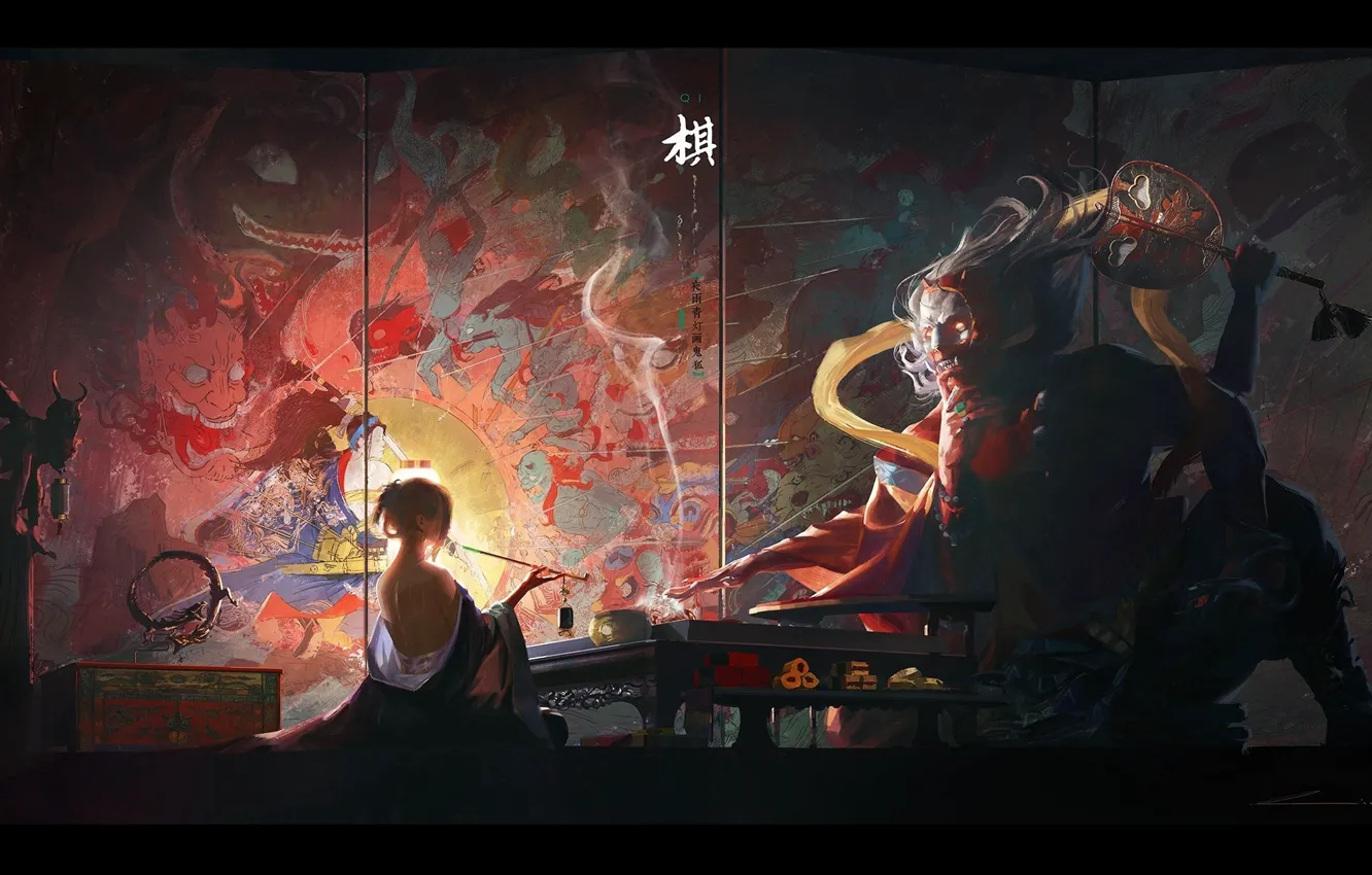 Фото обои японка, демон, гейша, иероглифы, ширма, в темноте, со спины, ёкай