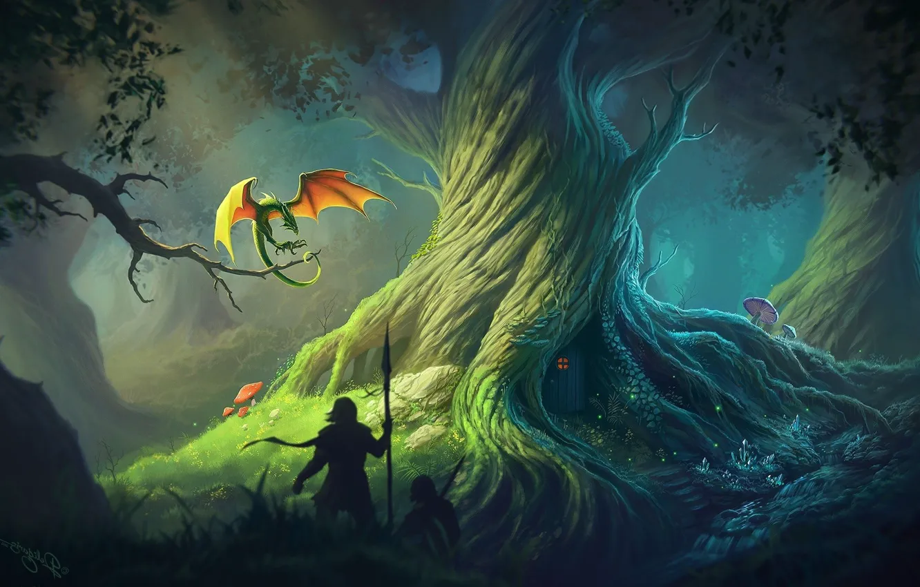 Фото обои forest, man, dragon, knight, spear