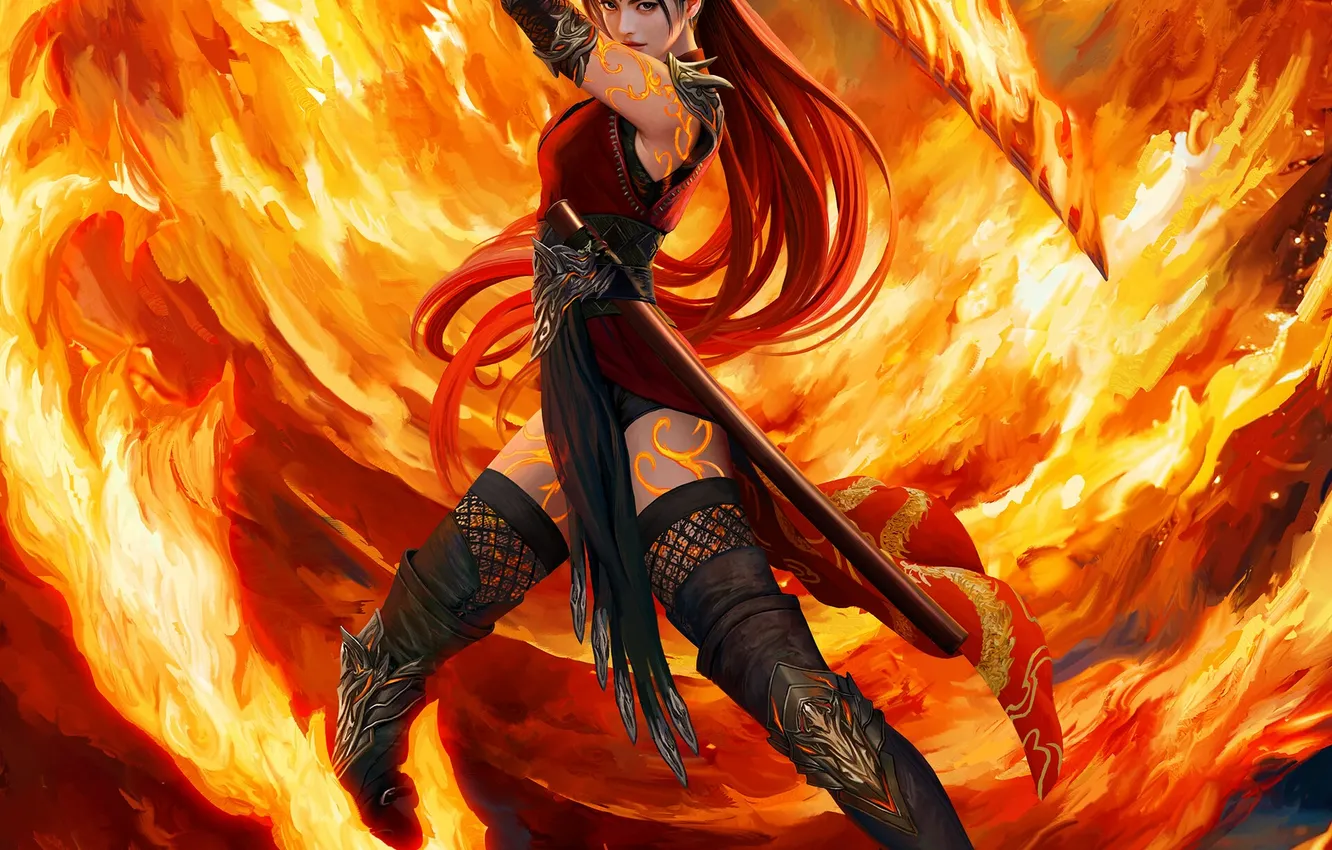Фото обои fire, girl, sword, Mario Wibisono, fantasy, magic, armor, brunette