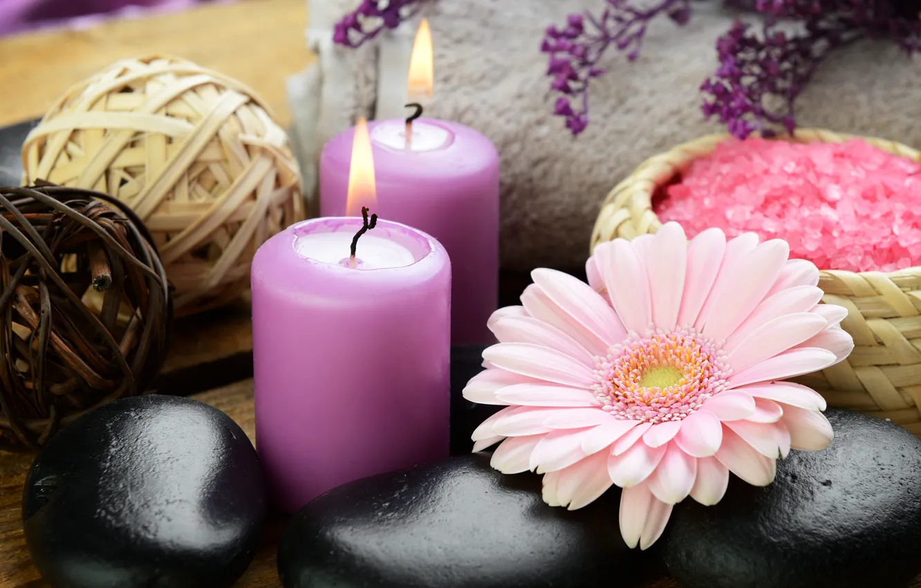 Фото обои цветы, камни, свечи, гербера, морская соль