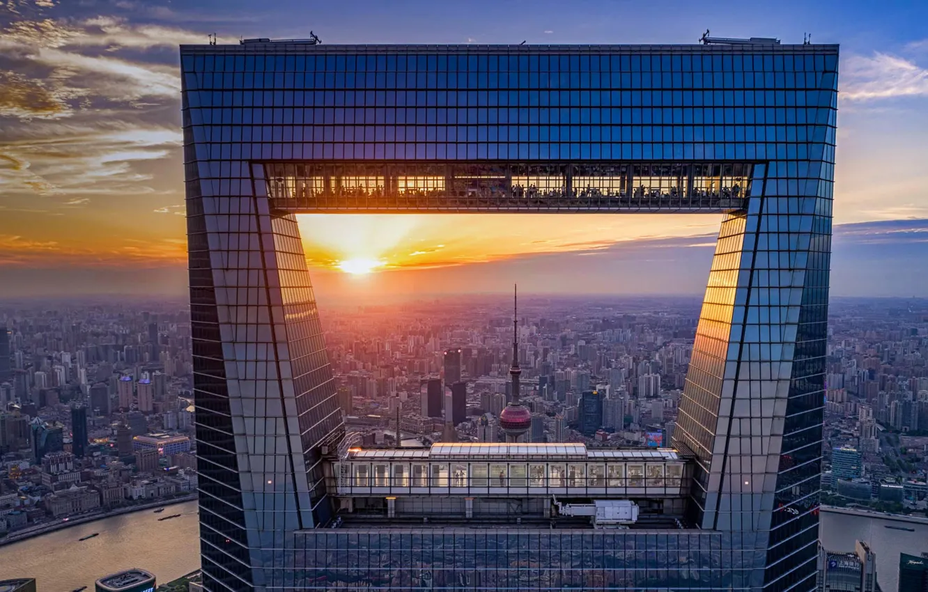 Фото обои закат, дома, панорама, Китай, Шанхай, Шанхайский всемирный финансовый центр
