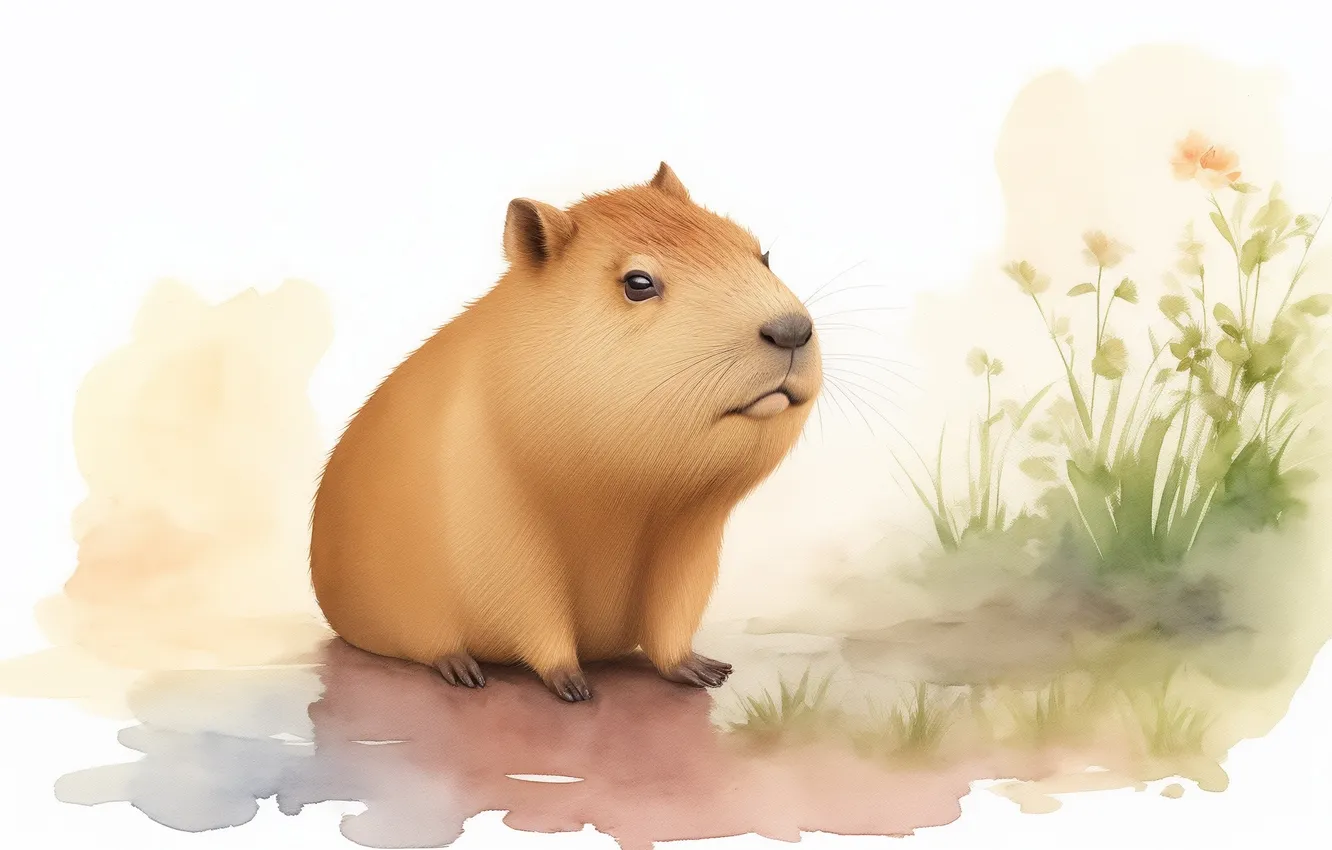 Фото обои рисунок, акварель, милый, cute, drawing, watercolor, капибара, capybara
