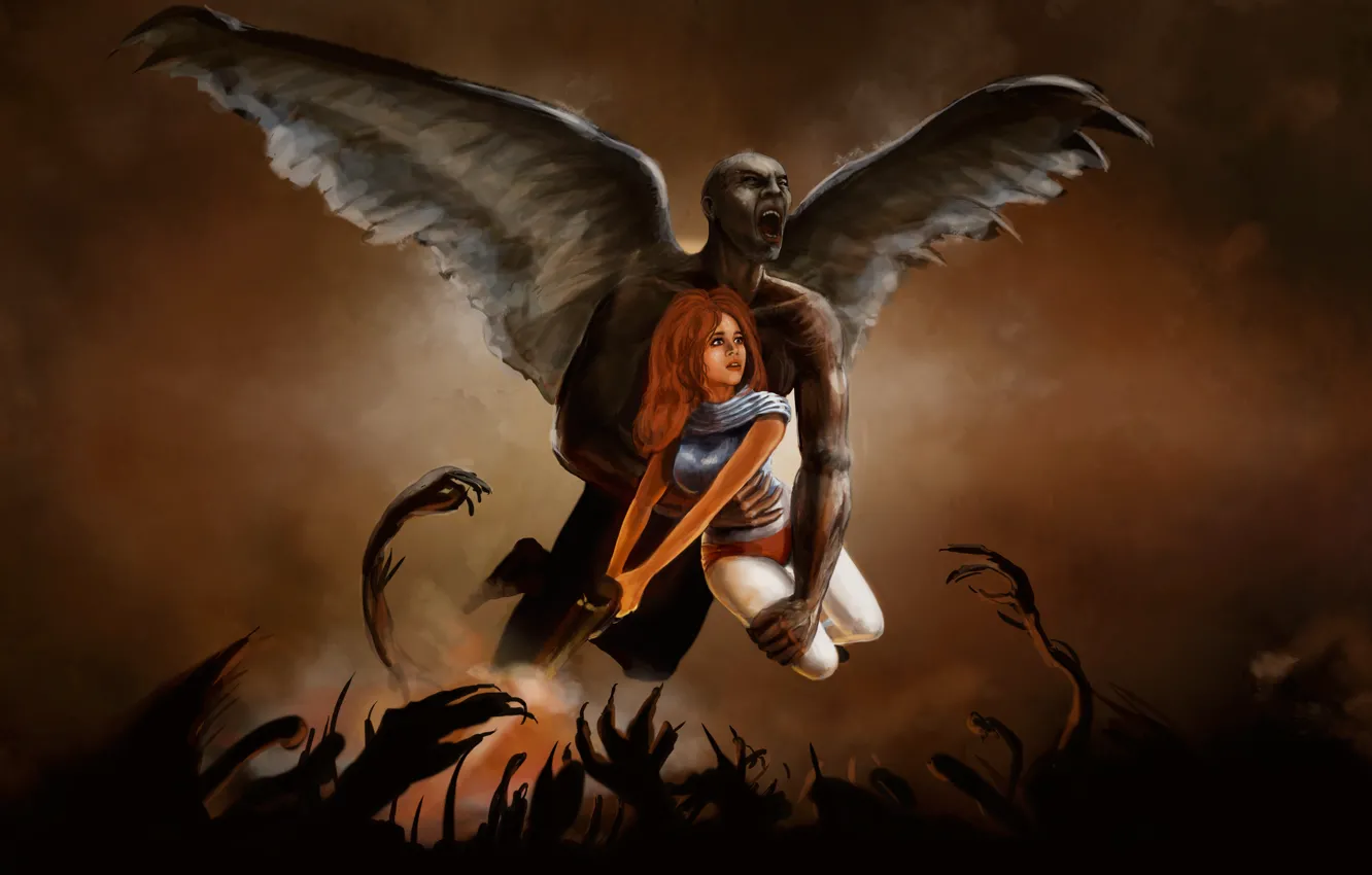 Фото обои девушка, оружие, крылья, демон, арт, Barbarella