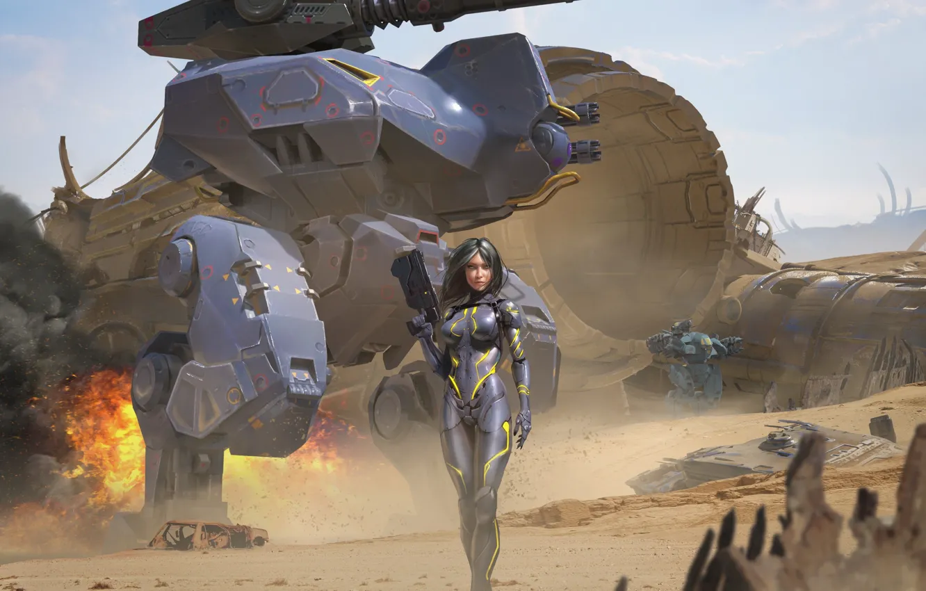 Фото обои Девушка, Будущее, Робот, Солдат, Оружие, Киборг, Cyborg, War Robots
