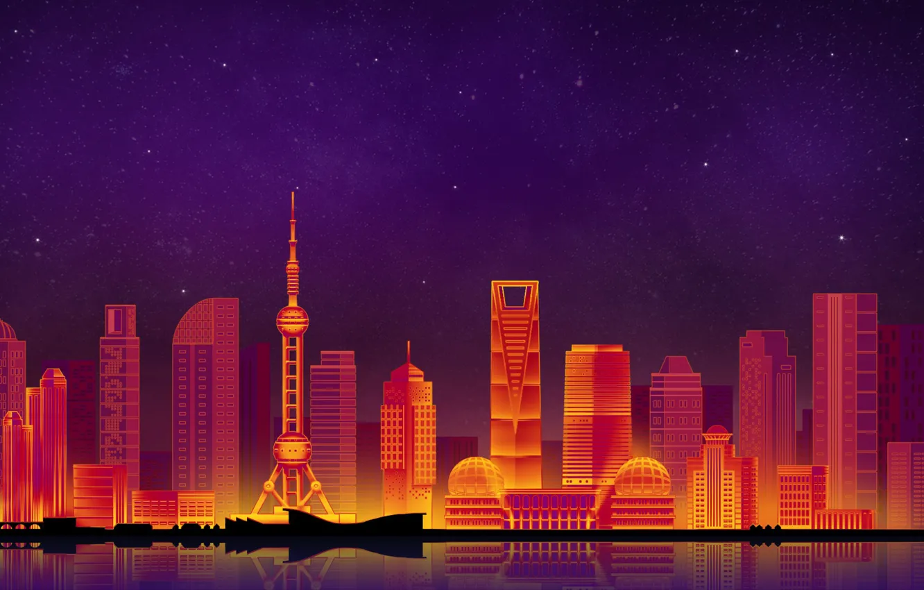 Фото обои Небо, Минимализм, Ночь, Город, Shanghai, Шанхай, Art, Digital