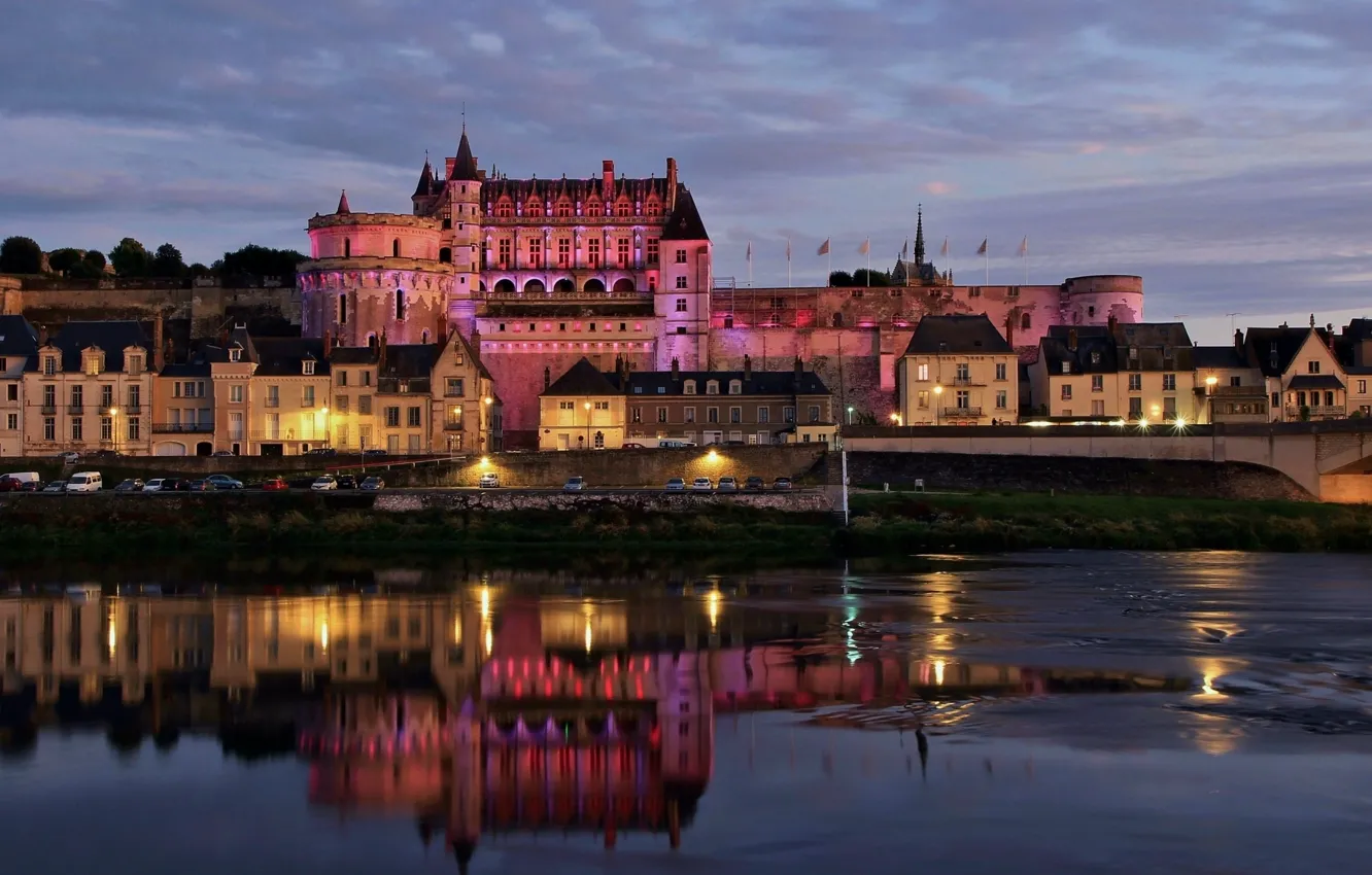 Фото обои город, река, замок, Франция, здания, вечер, освещение, подсветка
