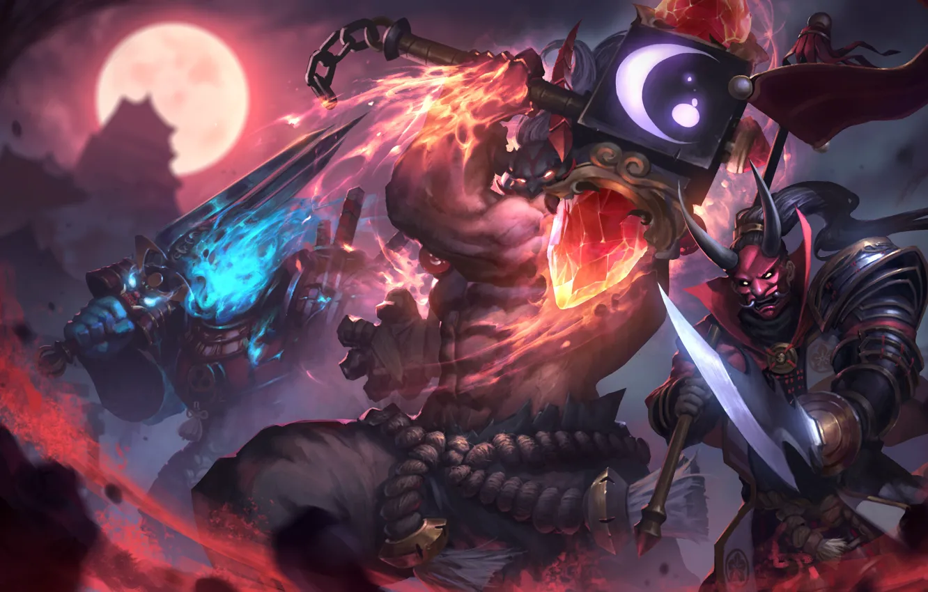 Фото обои ночь, меч, молот, воин, маска, арт, Heroes of Newerth, General Noroi