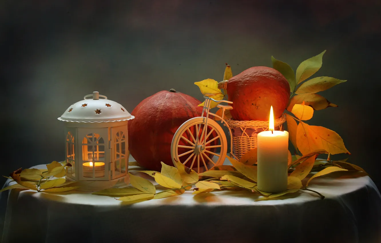 Фото обои осень, листья, свеча, фонарик, тыква, натюрморт