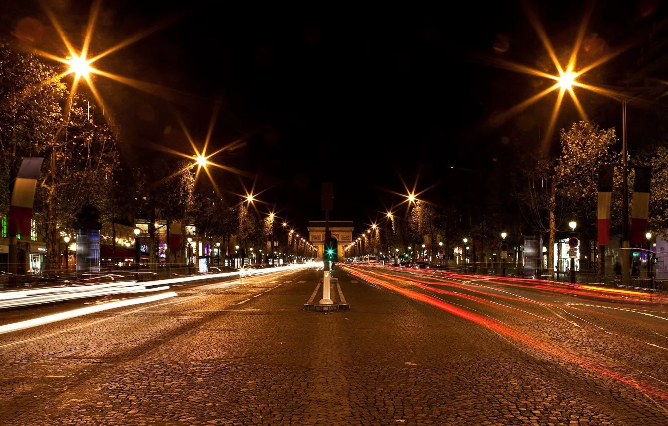 Фото обои ночь, улица, проспект, Париж, Елисейские поля, les Champs-Élysées