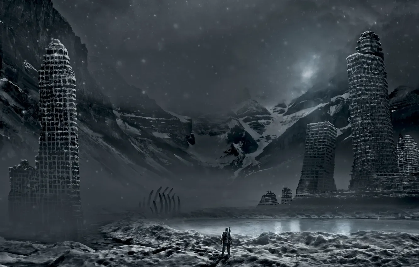 Фото обои зима, снег, горы, город, озеро, оружие, человек, арт