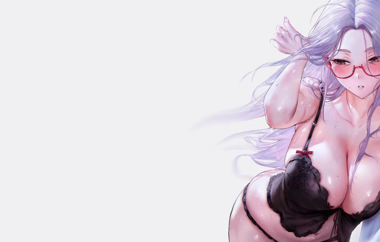 Фото обои girl, wet, anime, glasses, big boobs, babe, underwear, sweat