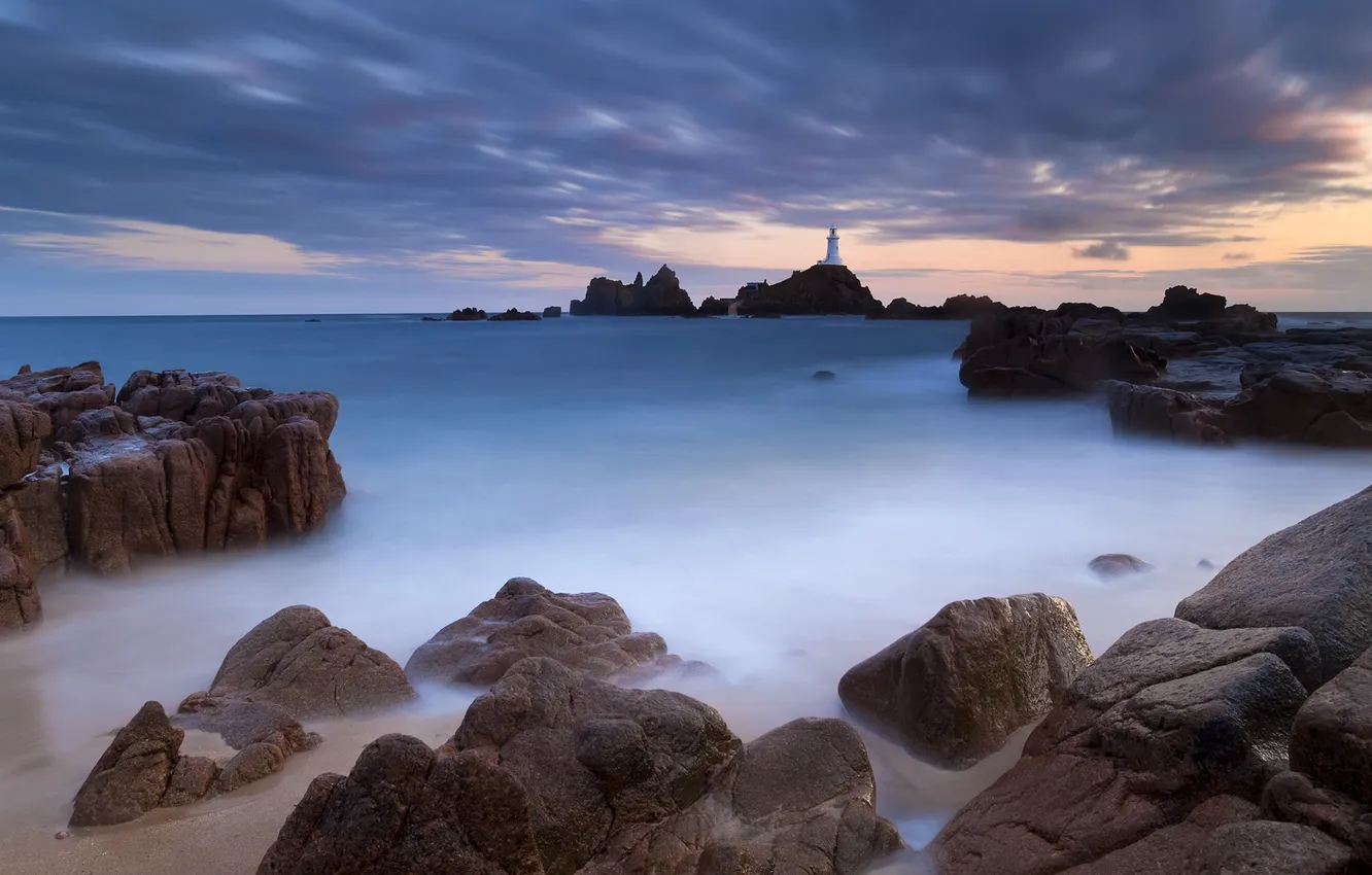 Фото обои закат, камни, скалы, маяк, Море