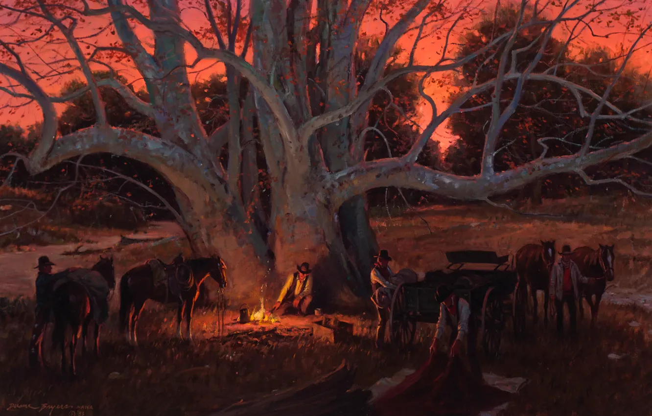 Фото обои дерево, картина, вечер, лошади, костер, ковбой, привал, Duane Bryers