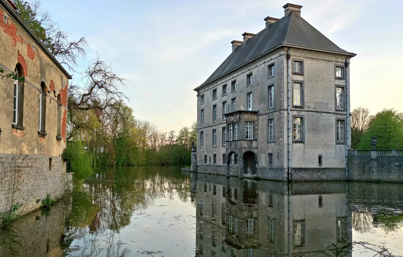 Фото обои Landscape, Style, Europe, Belgium, Castle, Romantic, Lake, Pond