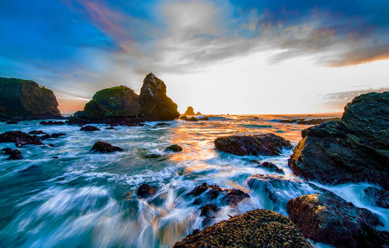 Фото обои закат, камни, океан, скалы, Калифорния, Pacific Ocean, California, Тихий океан