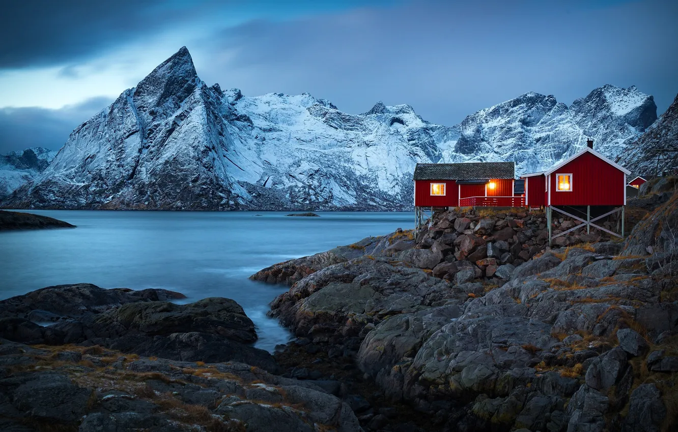 Фото обои зима, горы, природа, скалы, Норвегия, домики, поселок, фьорд