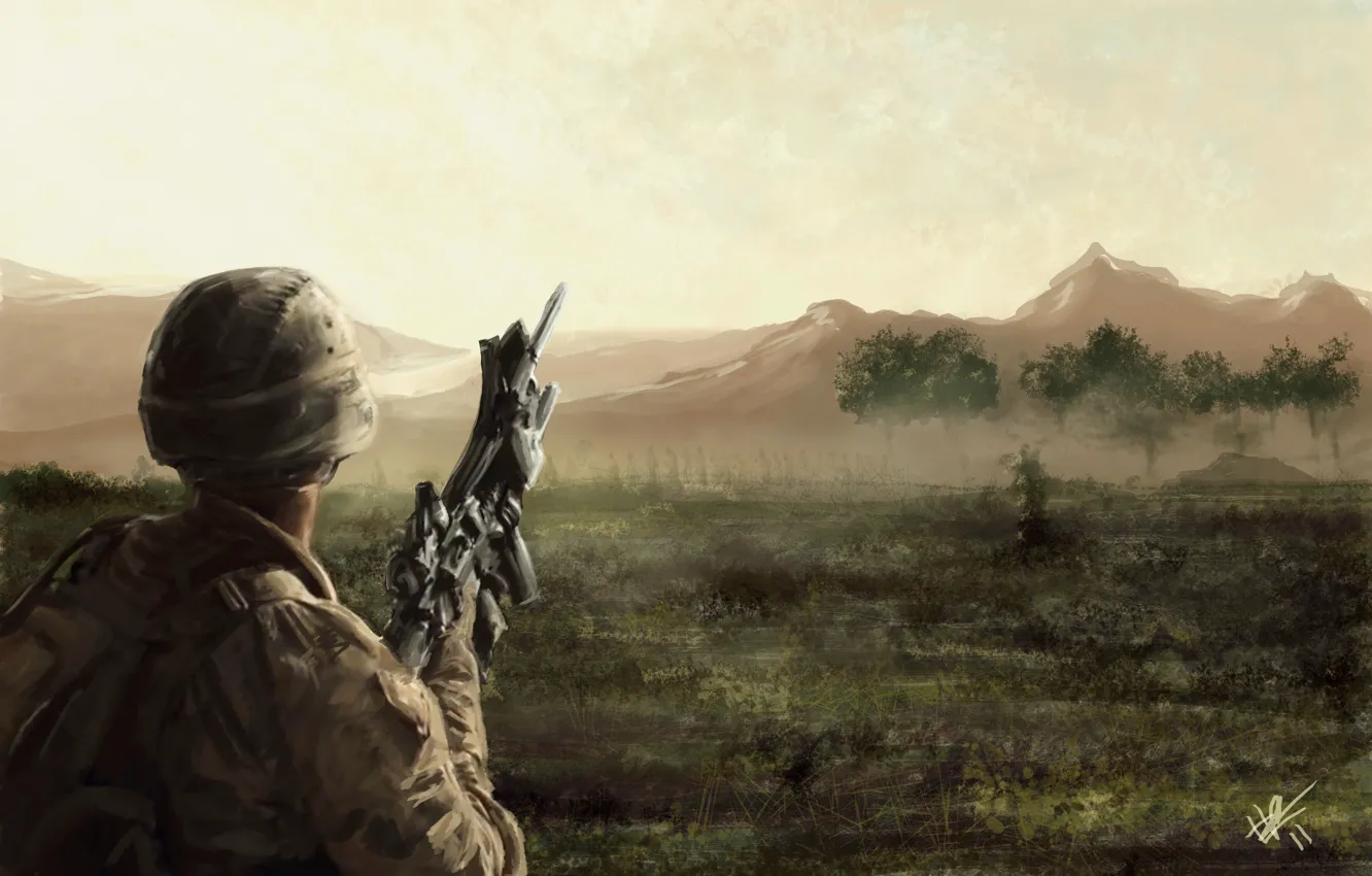 Фото обои поле, горы, оружие, арт, автомат, Солдат
