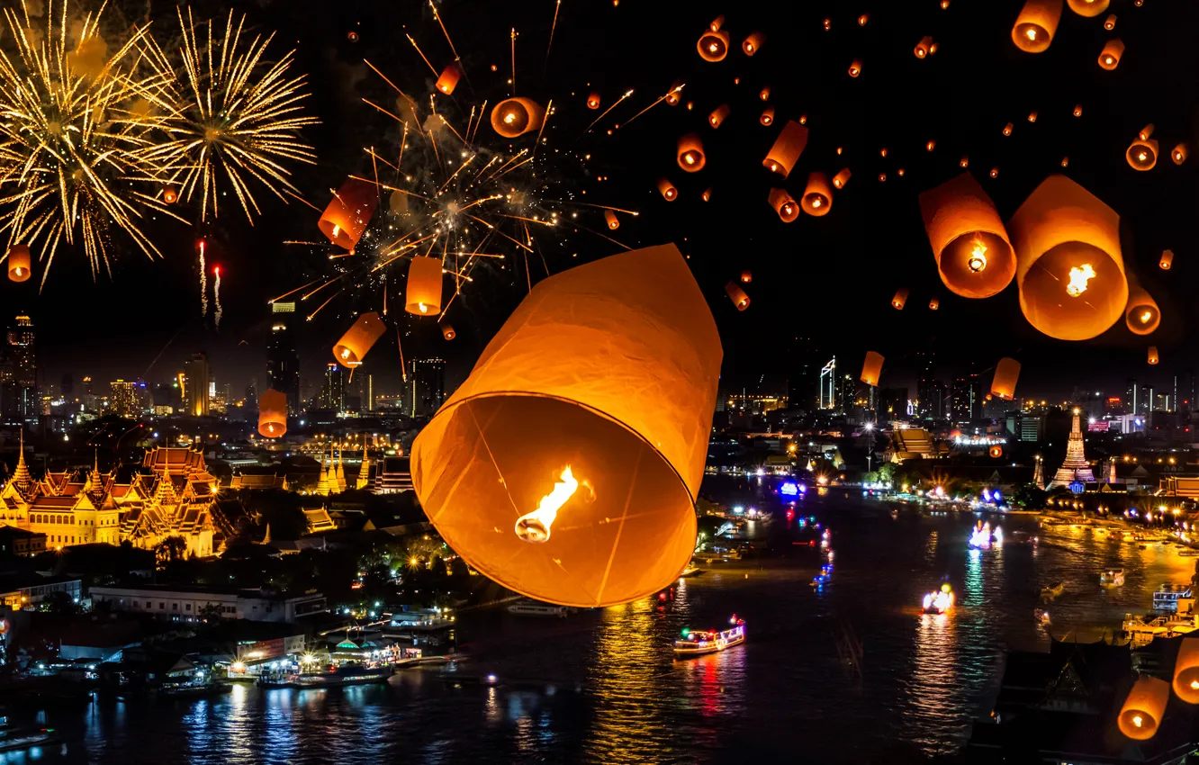 Фото обои ночь, огни, праздник, коллаж, корабль, дома, бухта, фонарик