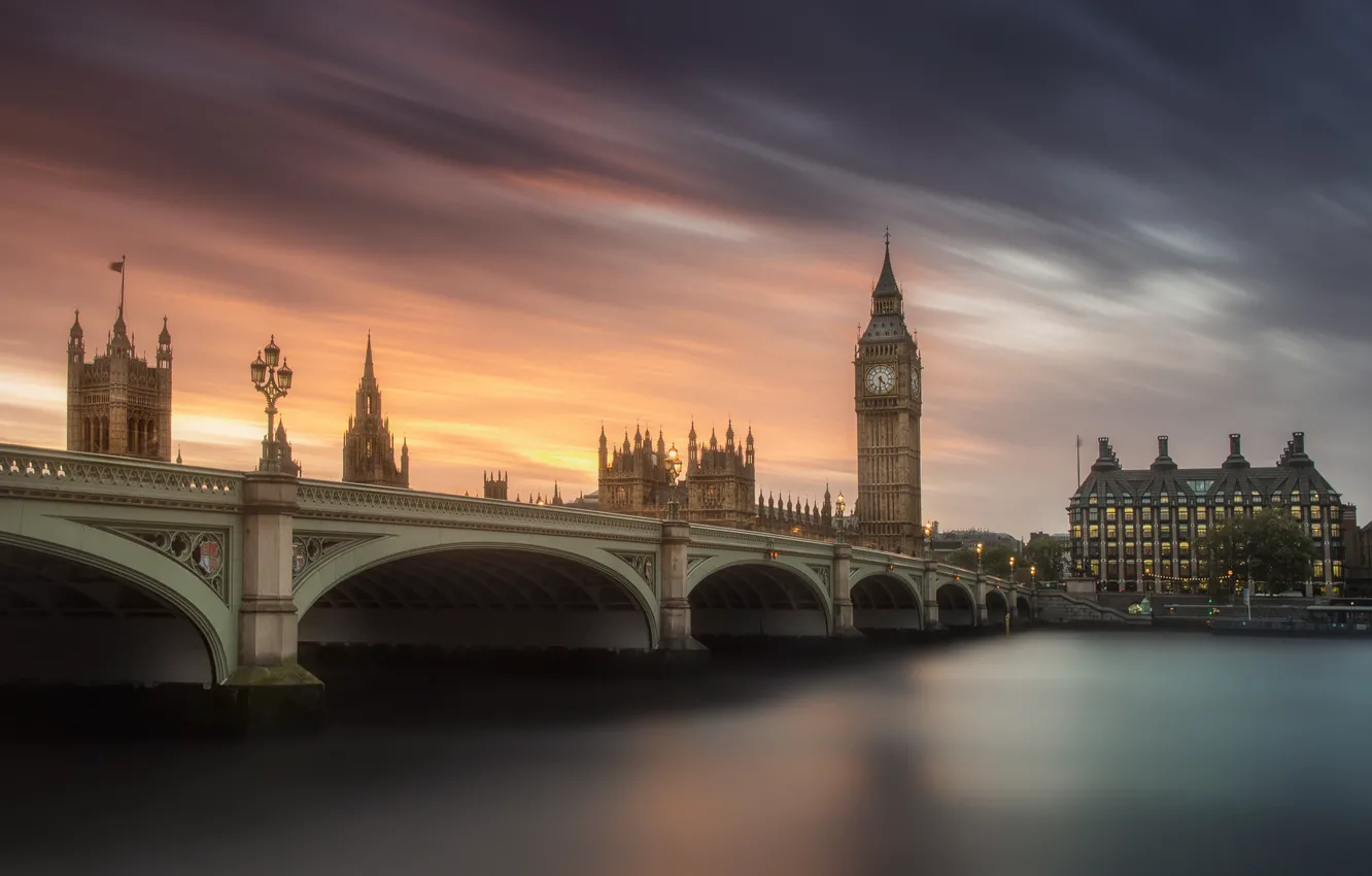 Фото обои небо, вода, город, Англия, Лондон, выдержка, Великобритания