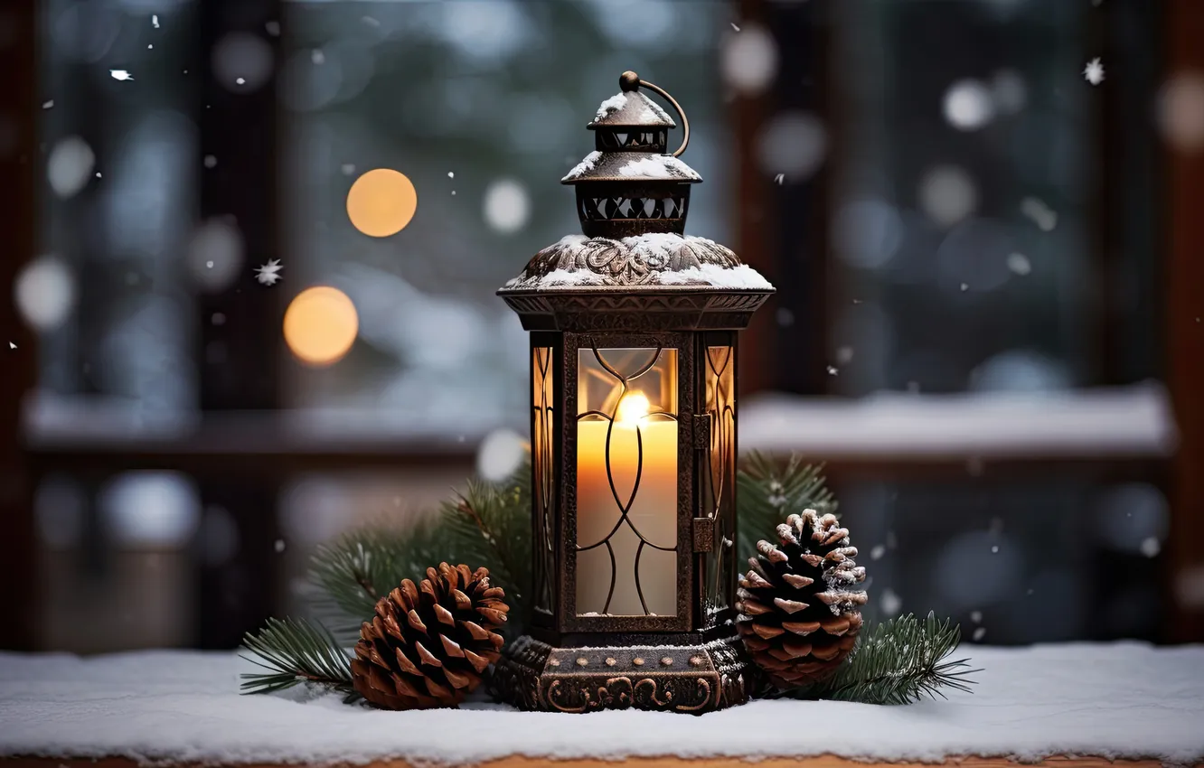 Фото обои зима, снег, ночь, Рождество, фонарь, Новый год, Christmas, night