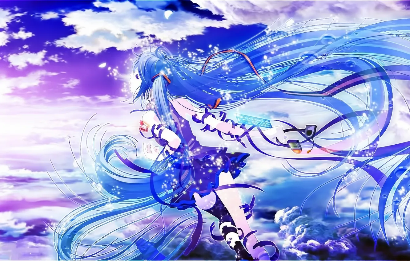 Фото обои небо, девушка, облака, аниме, арт, vocaloid, hatsune miku, вокалоид